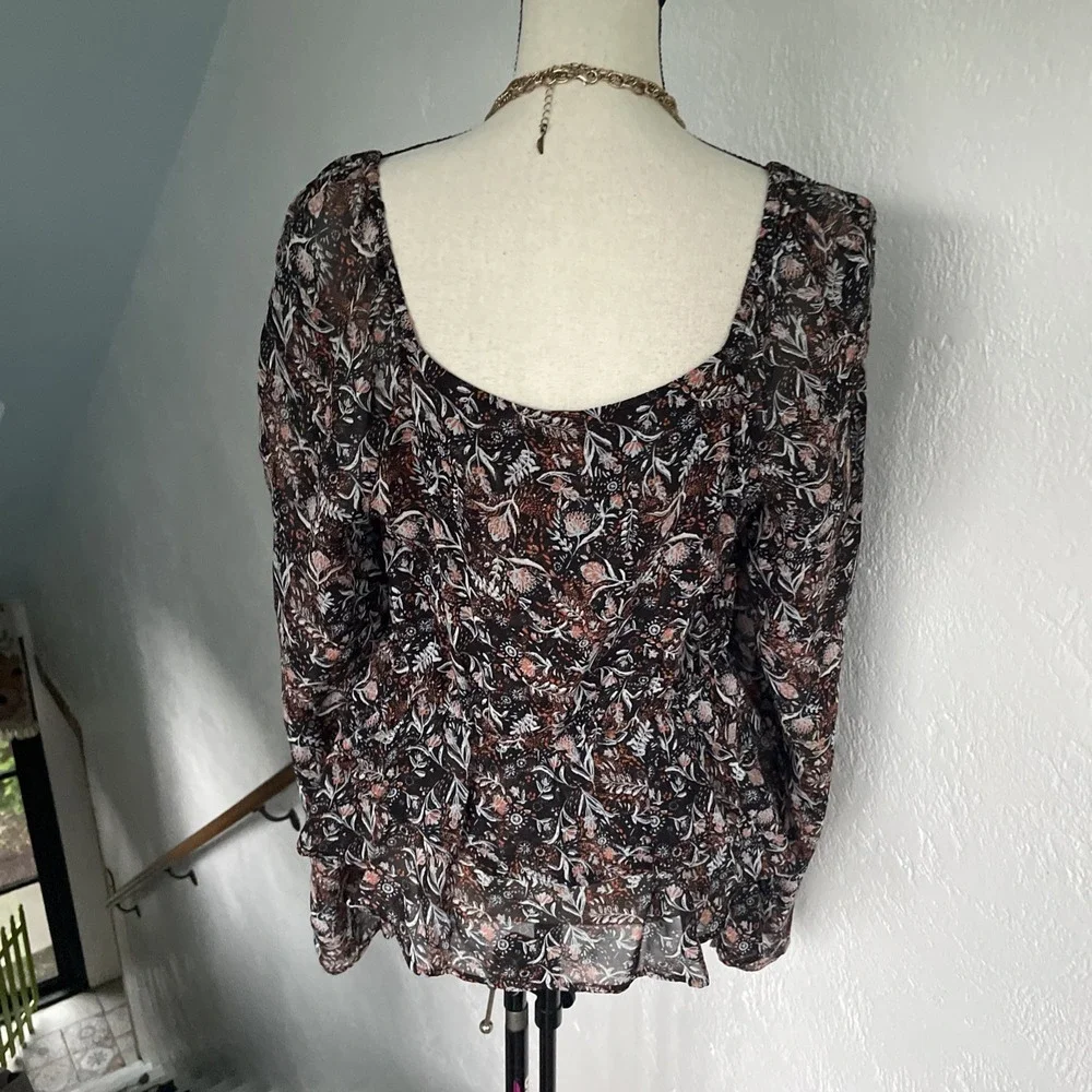 Free People NWOT Uptown Bell Sleeve Tiered Vneck Sheer Black Floral Blouse  S